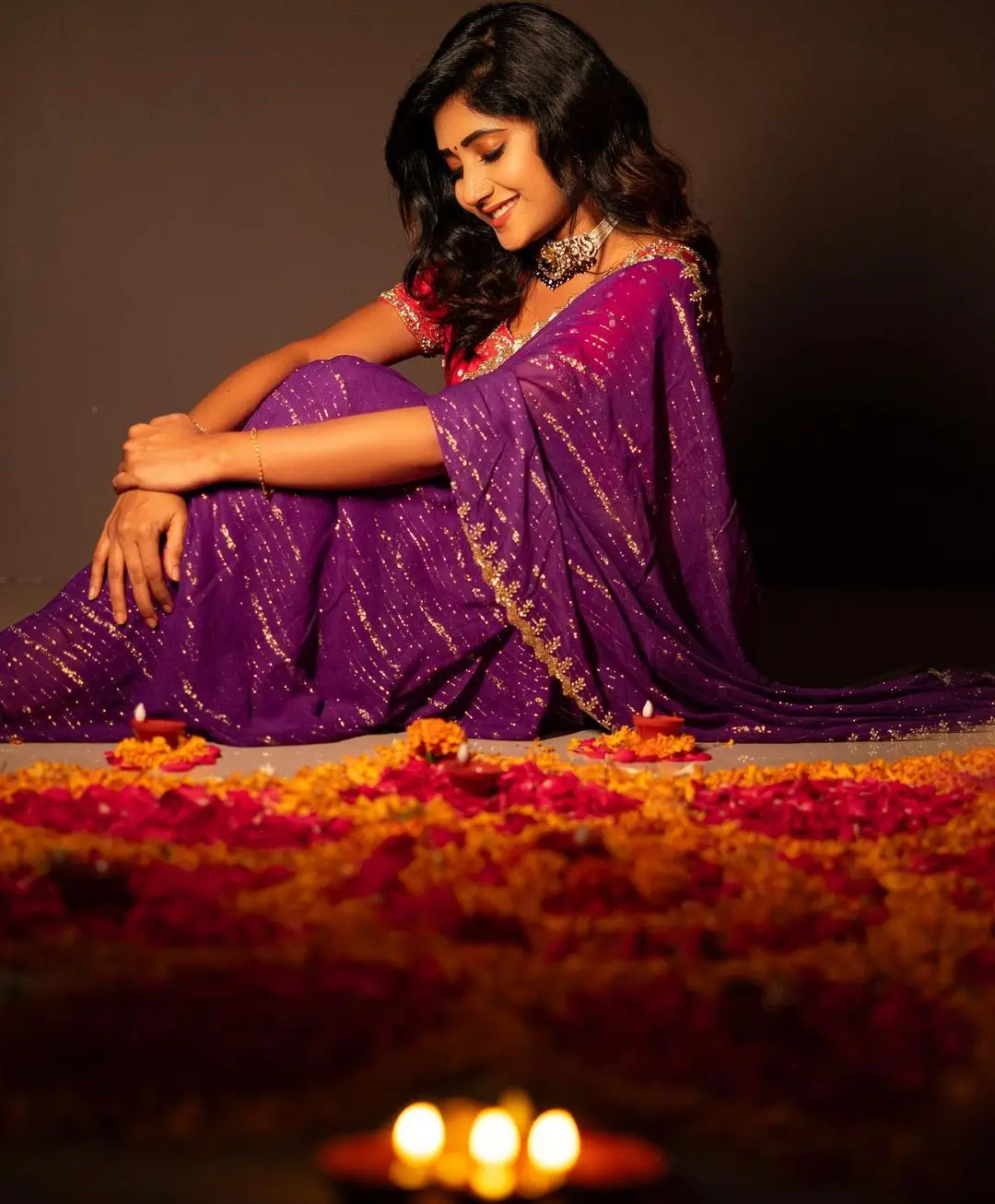 Vasanthi Krishnan Wearing Traditional Violet Saree Blouse